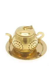 Tea Infuser/Strainer for Loose Tea Herbs Gold Teapot with Chain and Mini Tray