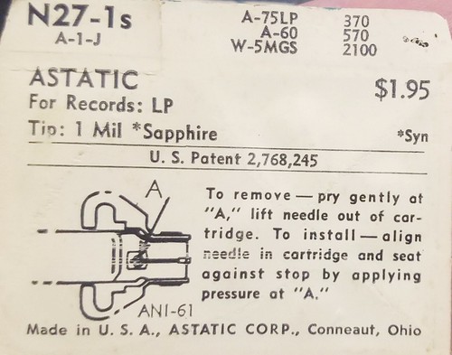 Fonógrafo de repuesto con aguja estéreo diamante ASTATIC N27-1s LP EE. UU. - Imagen 2 de 2