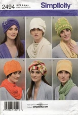 Simplicity 2494 Fleece Hats & Turban in 6 Styles Sz S-M-L UNCUT Sewing Pattern