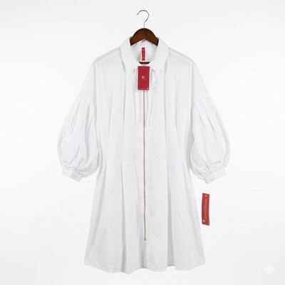 NWT IC Collection White Dress Zip Front Puff Sleeve Tunic Lagenlook Artsy Sz 1X
