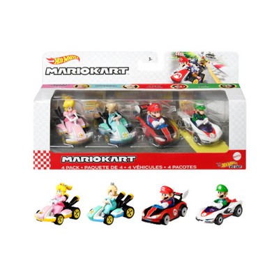 Hot Wheels Mario Kart 4 Pack Die Cast Vehicles Set   Mario Luigi Peach