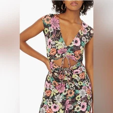 NWT AFRM Lizette Floral Ruched Cutout Jersey Dress Noir Garden Size XS
