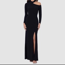 NWT XSCAPE size 10p 10 petite Black Collared Cold-Shoulder Dress maxi gown
