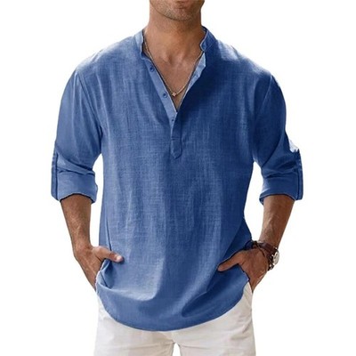 Men's Cotton Linen Henley Long Sleeve Shirt Casual Beach T-shirt Tee Summer Gift