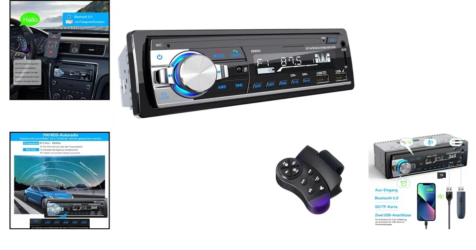 Autoradio Bluetooth 5.0 USB AUX SD FM 4x65W 1-DIN KFZ Radio - Bild 2 von 4