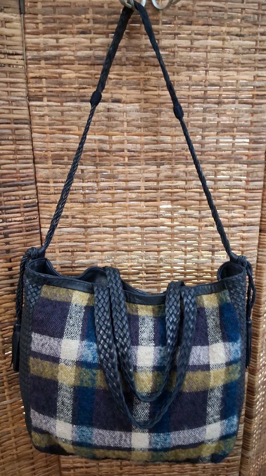 Claramonte Accessories Anthropologie Woven Leather Wool Tartan Tote Shoulder Bag