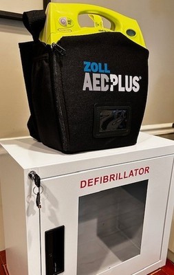ZOLL AED Plus Automated External Defibrillator w/ Case & Alarmed Wall Cabinet