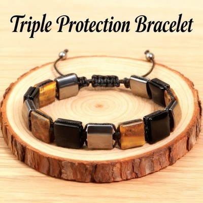 Triple Protection Bracelet Tigers Eye Hematite Obsidian Square Bead Men Bracelet