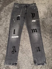 Palm Angels Logo Patch Jeans Black Distressed Classic Button Fly Denim Men’s 31