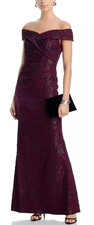 Adrianna Papell Off-Shoulder Gown Size 16 Wine /Black Jacquard Ruched NWT apr108