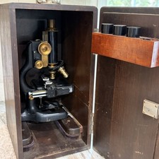 Antique 1920s Bausch & Lomb Optical Co Brass Microscope w/ Wood Case & Lens
