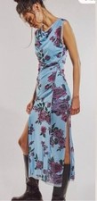 Free People Floral Rose Print Mesh Carmel Side Slit Midi Dress Blue Combo XS