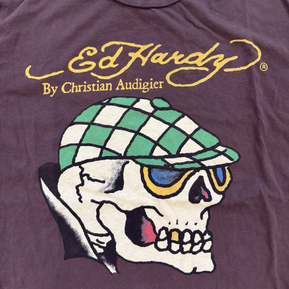 Ed Hardy 骷髅衬衫男式 XXL 棕色双面 Y2K Christian Audigier 美国 — 第 2/4 张图片