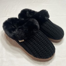 Women  s Dearfoams Hannah Festive Knit Clog Slippers Faux Fur Collar Size 7/8 Med