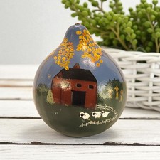 Handpainted Gourd Primitive Folk Art Farm Sheep Cottages Fall Leaves Trees 6"