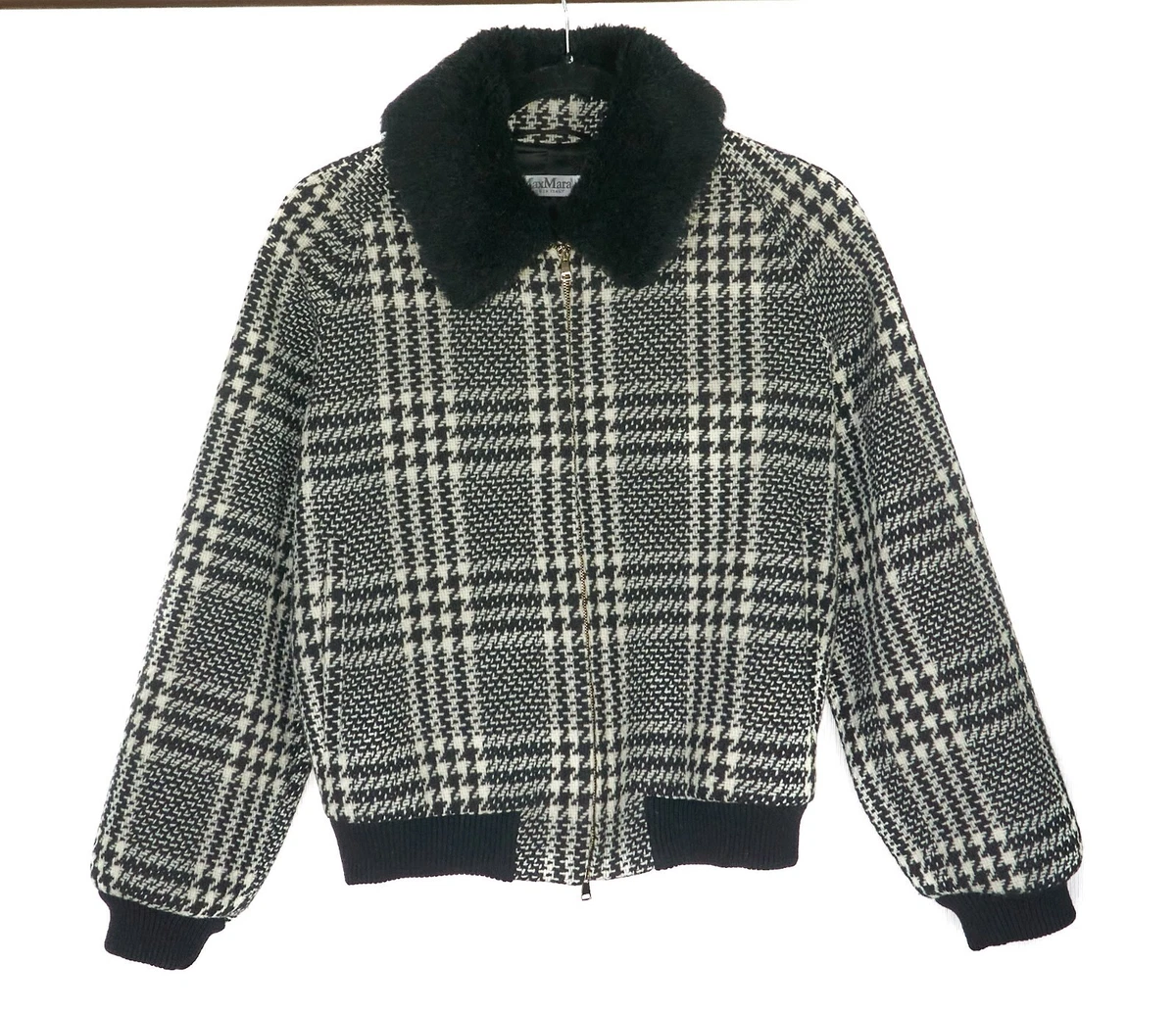 MAX MARA Faux Fur Trimmed Houndstooth Wool Tweed Bomber Jacket