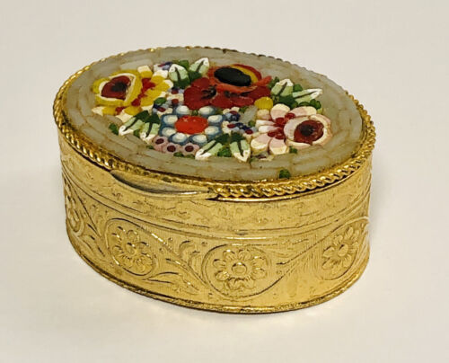 Vintage Italian Oval Micro Mosaic Hinged Lid Pill Trinket Box Millefleur Italy