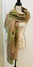 Lovely Woven Wrap Shawl Pashmina Scarf Green Multicolor Paisley Fringe 28"x72"