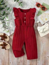 Baby Girl Red Summer Pure Color Sleeveless Fashion Streetwear Jumpsuits 
