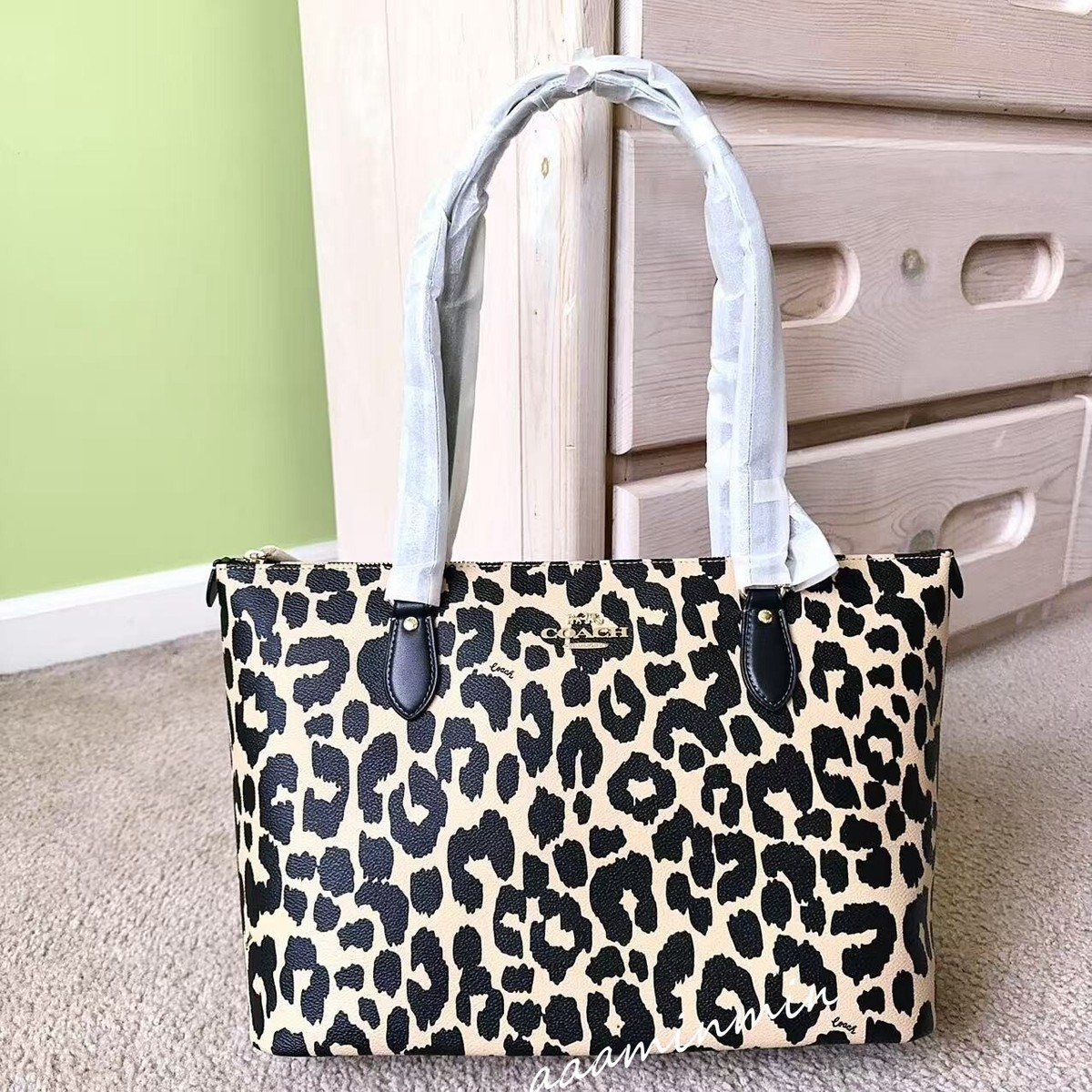 NWT Coach Gallery Tote Bag With Leopard Print Brown Coated