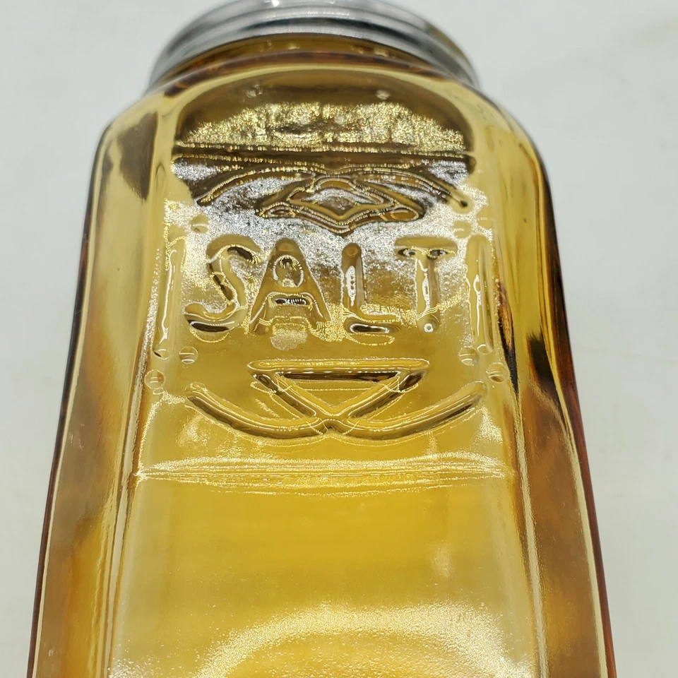 Amber Retro Glass Salt & Pepper Shakers Large Metal Tops Foto 4 de 4