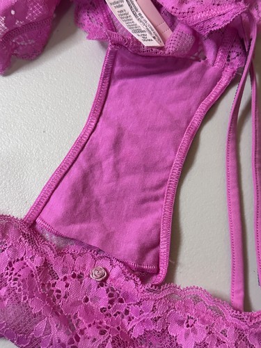 New Victorias Secret Panties XL Pink Lace 2 Strap Rhinestone Trim Brazilian Slip - Picture 5 of 5
