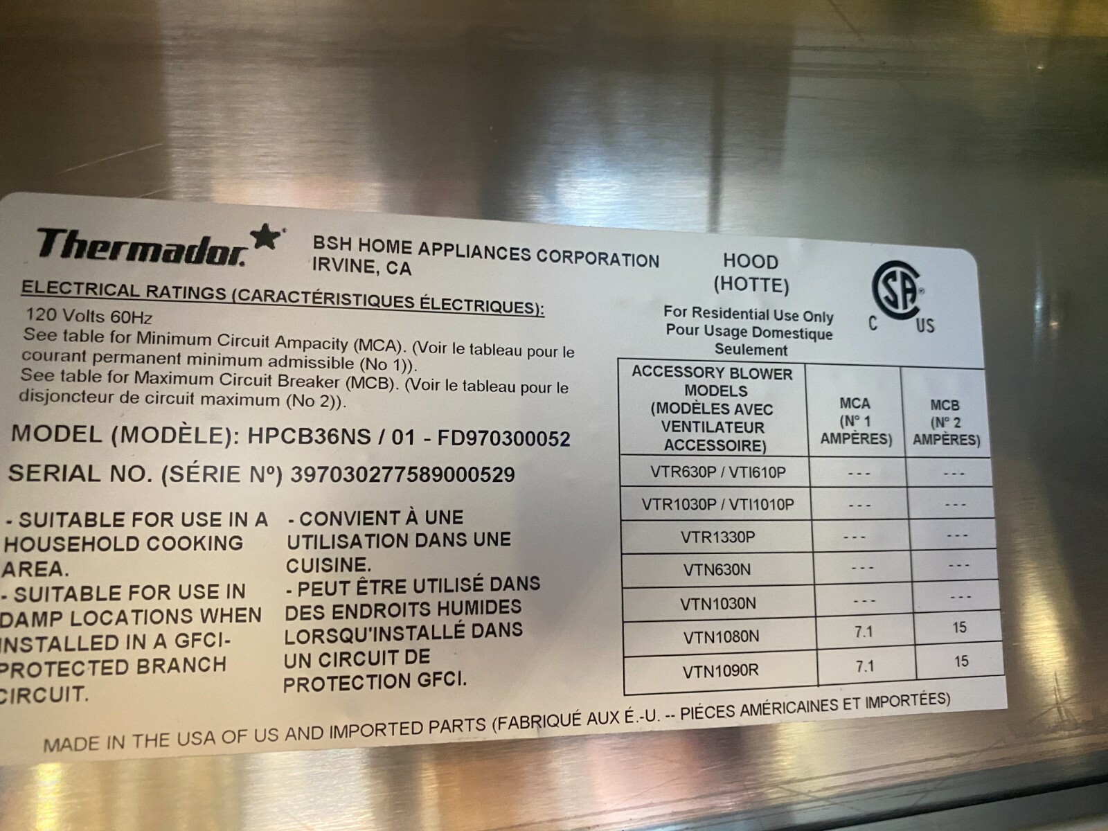 Thermador HPCB36NS Professional 36" Wall Mount Chimney Hood NO BLOWER