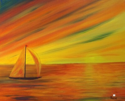 Art Print of Acrylic Painting by Dave. Seascape Sailing Boat Sky Sunset Sunrise
