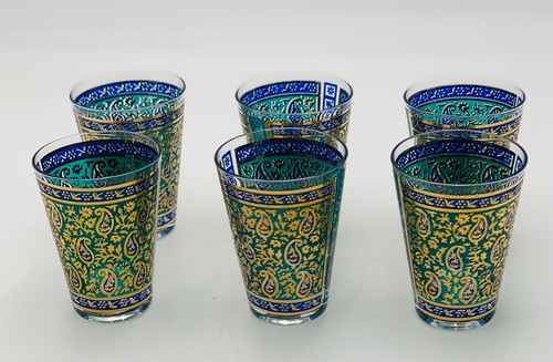 Rare 6 piece Set GEORGES BRIARD 22k Gold MCM Sari Blue Paisley Lowball Glasses - Picture 5 of 7