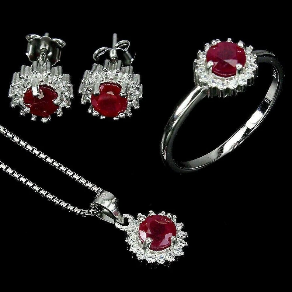 Silver Ruby Pendant Earring Ring Genuine Natural Gems Solid Sterling N 1/2  US 7 - Image 4 of 4
