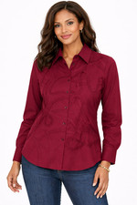 New Coldwater Creek Wine Soutache Trim Shirt Large Button Front Stretch Blouse