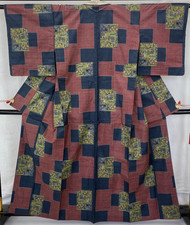 Japanese Vintage Kimono Silk Blue Tumugi Oshima Traditiona Authentic Length 62in