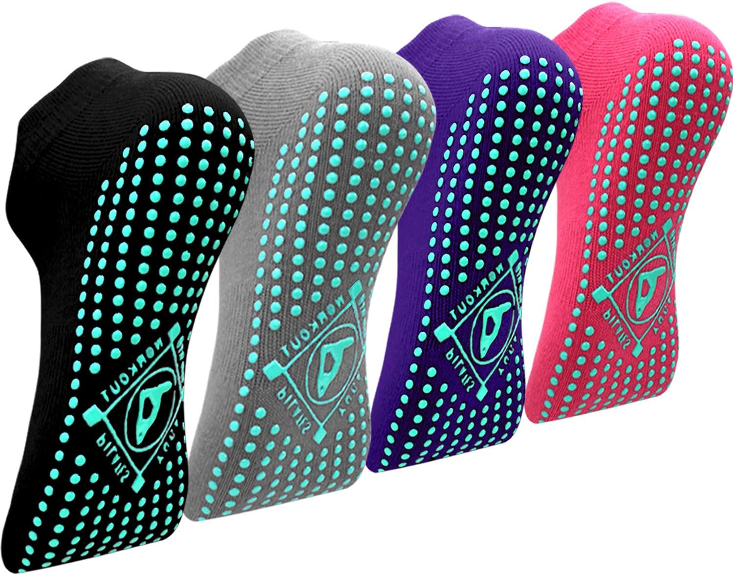 Pilates Non Slip Grip Socks for Women 4 Pairs Yoga Barre Ballet Workout Grippy S
