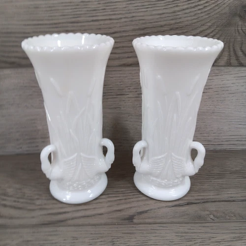 Westmoreland Vintage Milk Glass Vases With Swans And Cattails Set of 2