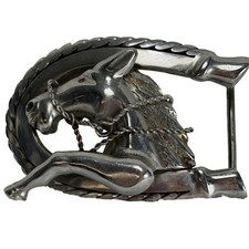 VTG Artisan 3D Horse Horseshoe Belt Buckle Silver Tone Western Equestrian
