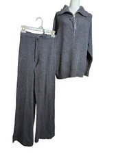 Aerie Gray Knit Lounge Set Half Zip Sweater Wide Leg Pants Cozy Pajamas Sz XS