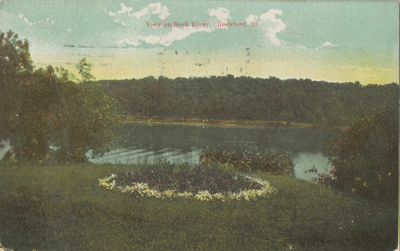 View on Rock River - ROCKFORD, ILLINOIS HORIZ. LINE CANCEL - 1909  (postcard)