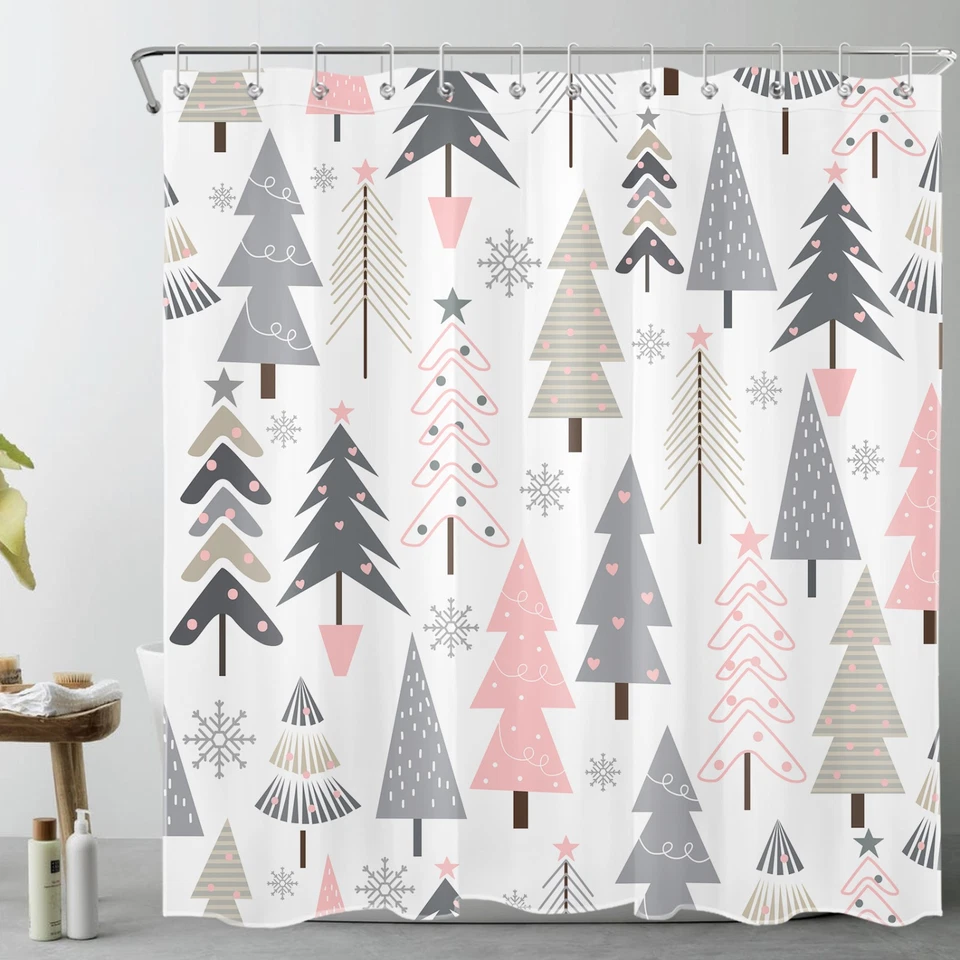 Juego de accesorios de baño cortina de ducha árbol de Navidad geométrico rosa y gris Foto 2 de 4