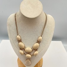 Vintage Style Cream Chunky Statement Necklace Gold Tone Bib Pendant Bold Jewelry