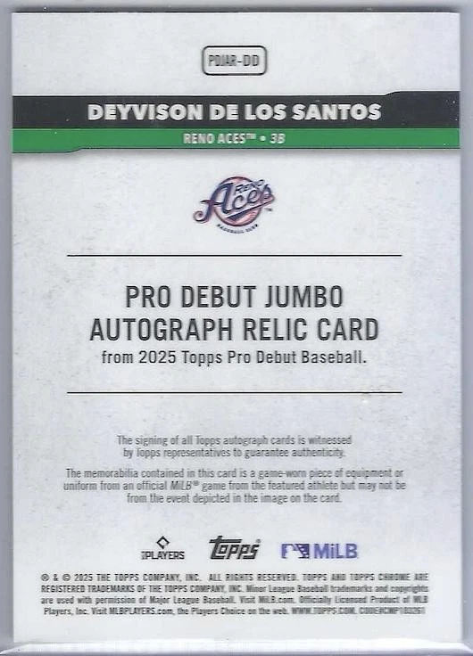 Deyvison De Los Santos 2025 Topps Pro Debut Chrome Jumbo Relic Auto Orange /25 - Image 2 of 2