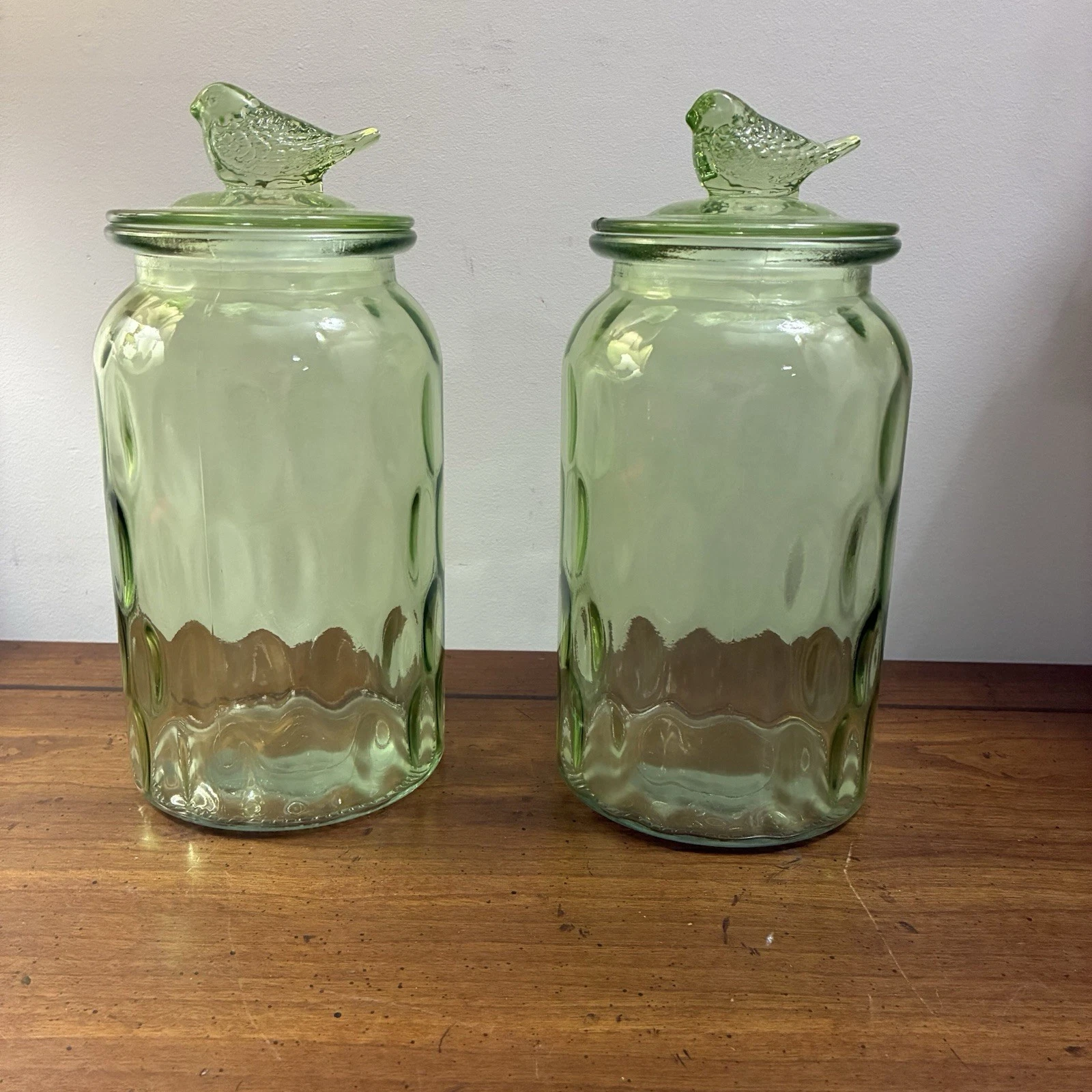 10 Strawberry Street Textured Glass Bird Canisters Sage Green Airtight Lids 2 P