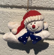 Christmas Ornament Flying Snowman with Santa Hat ~Clay Art