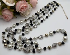 Faceted Bead Bib Necklace Double Strand Pearl Goldtone Blk Boho Statement Piece