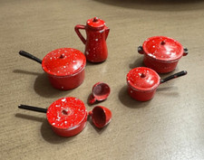 Vintage 12 pc red enamelware cookware set for miniature dollhouse