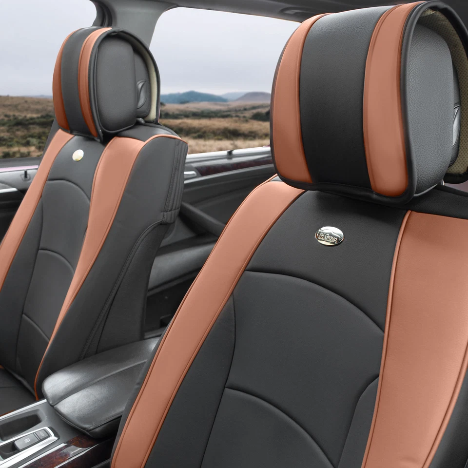 Juego completo de funda de asiento de coche de lujo de cuero sintético negro marrón con regalo gratis Foto 2 de 4