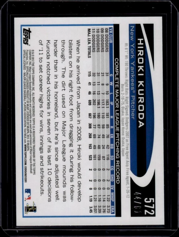 2012 Topps Black #572 Hiroki Kuroda 44/61 New York Yankees Baseball Card NM - Image 2 of 2