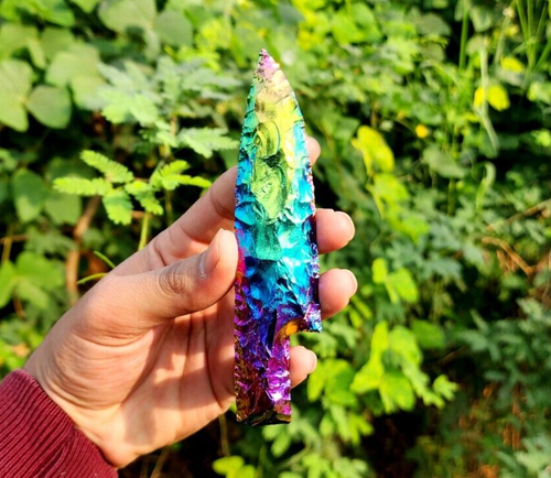 Titanium Aura Quartz Crystal Knife Athame Arrowhead Rainbow Obsidian Titanium - Picture 2 of 4
