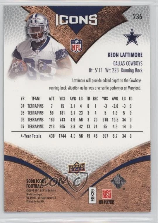 2008 Upper Deck Icons NFL Rookies /999 Keon Lattimore #236 Rookie RC - Image 2 of 2
