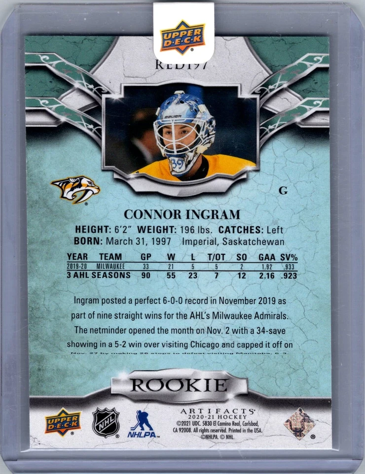 2020-21 Upper Deck Artifacts #RED197 Connor Ingram #/999 - Image 2 of 2