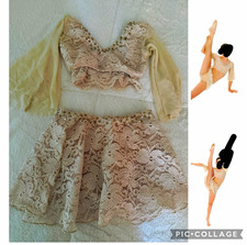 Women s Dance Costume Outfit Beige Lace 2-Piece Long Sleeve Top Skirt